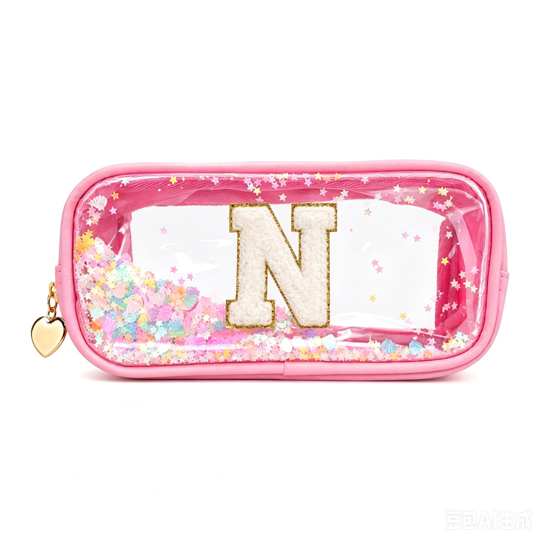 YCDKK The 26 Letters Clear Pink Pencil Case for Girls, Small Cute Transparent Pencil Case with A-Z Initial Design for School & Office, Portable Exam Zipper Pouch for Students, Teens & Women (N)