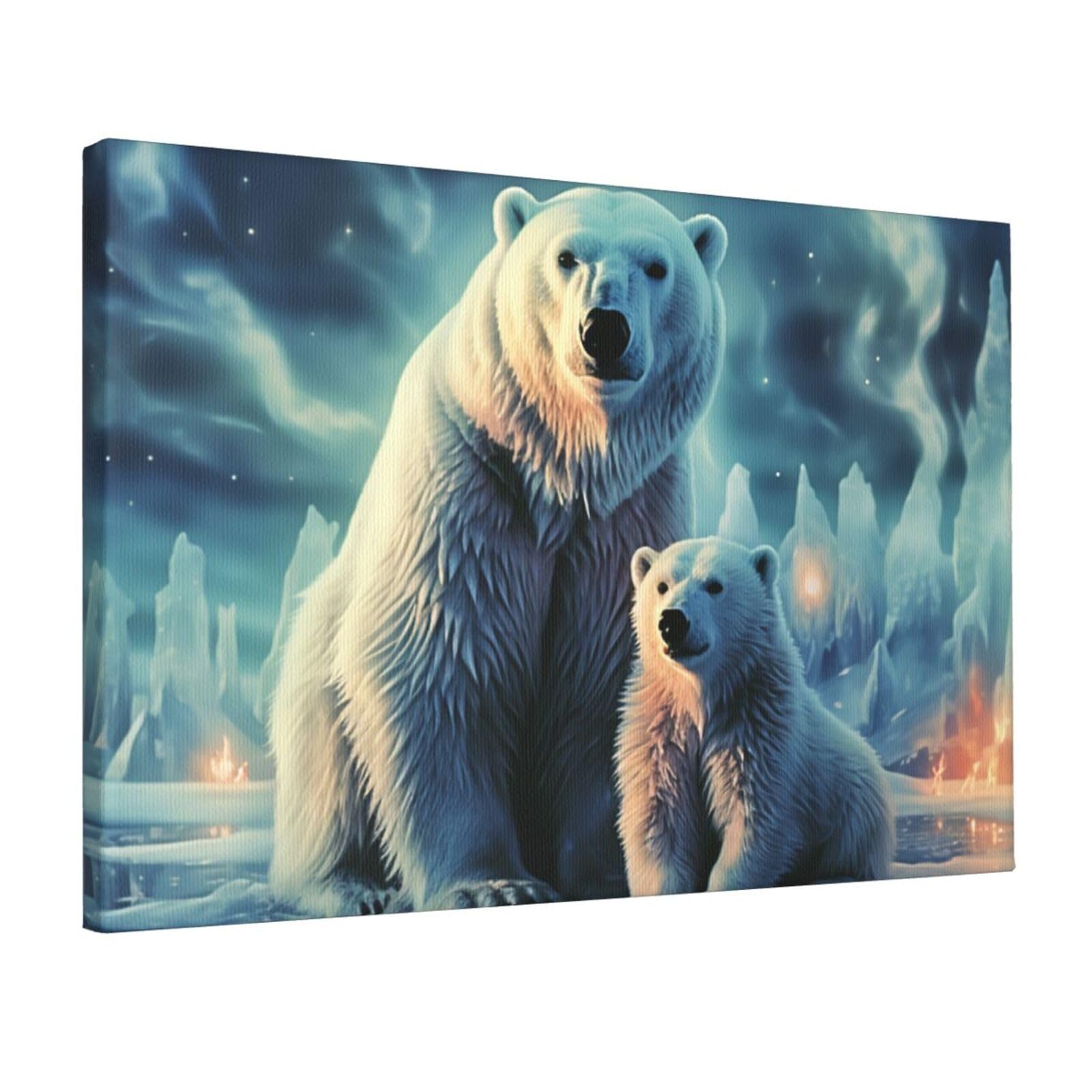 KLOPH Polar Bears Northern Lights Canvas Wall Art for Living Room 12"x18" Modern Artwork Painting for Bathroom Hanging Canvas Prints Aesthetic Wallart for Bedroom Kitchen Office Wall Decor