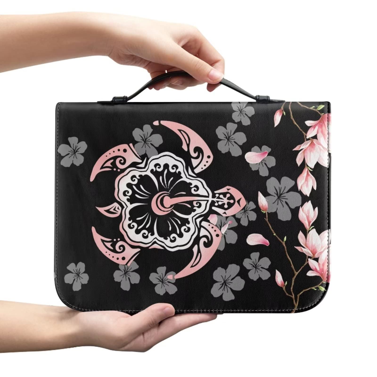 SEANATIVE Hawaii Sea Turtle Print Leather Bible Cover Bible Tote Bag with Zipper Pink Hibiscus Flower Bible Holder Case Scripture Storage Pocekt for Women