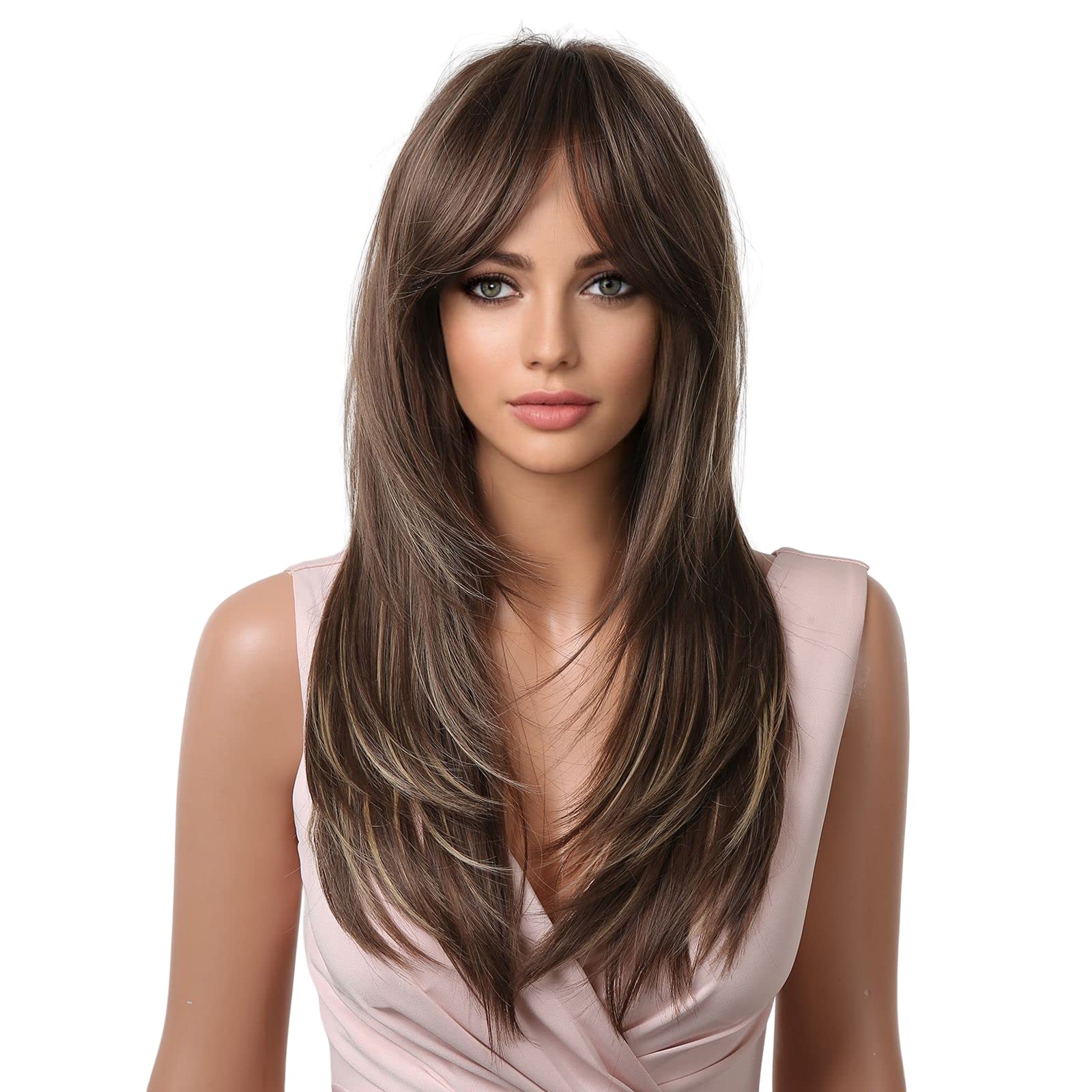 HAIRCUBE Parrucche per Capelli Sintetici a Strati Lunghi Marrone per le Donne con Evidenza