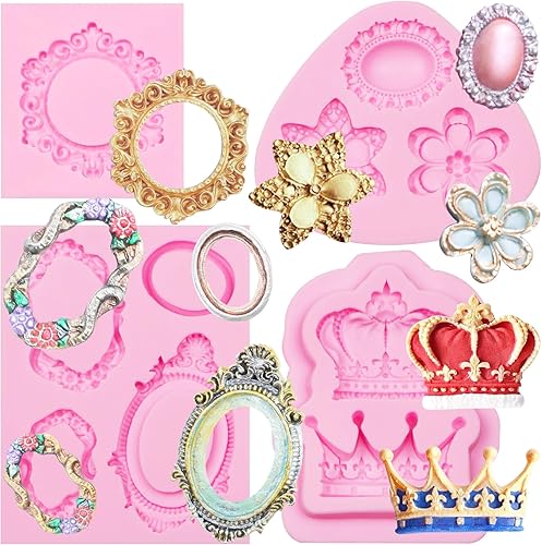 Molde de silicona con marco vintage, 4 unidades, marco de fotos, corona, fondant, molde de joya, flor, chocolate, para decoración de pasteles,