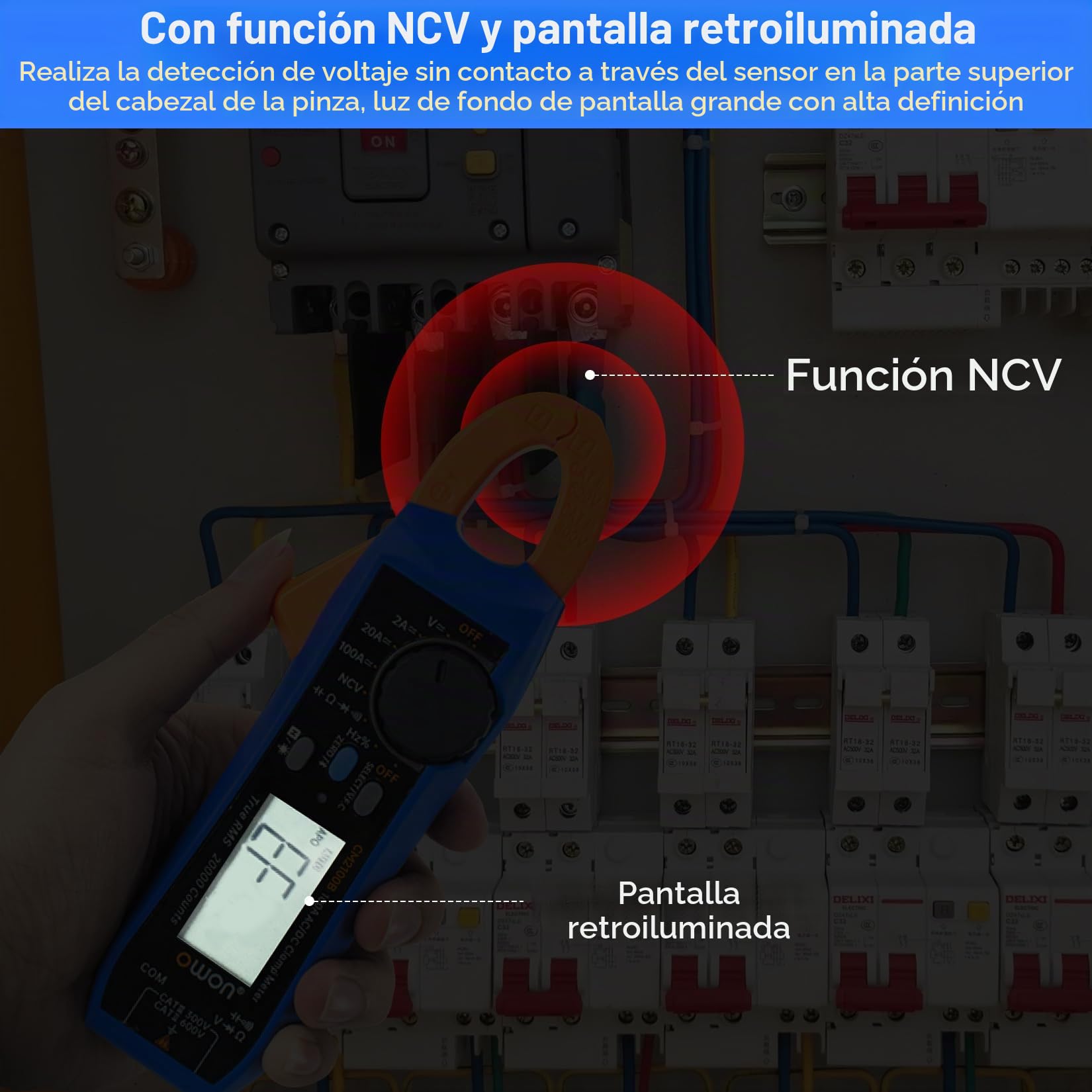 OWON CM2100B Pinza amperimétrica Bluetooth 20000 cuentas de mano True RMS 600V 100A AC/DC prueba de corriente y voltaje con protección de sobrecarga VFC, probador de capacitancia de resistencia, NCV