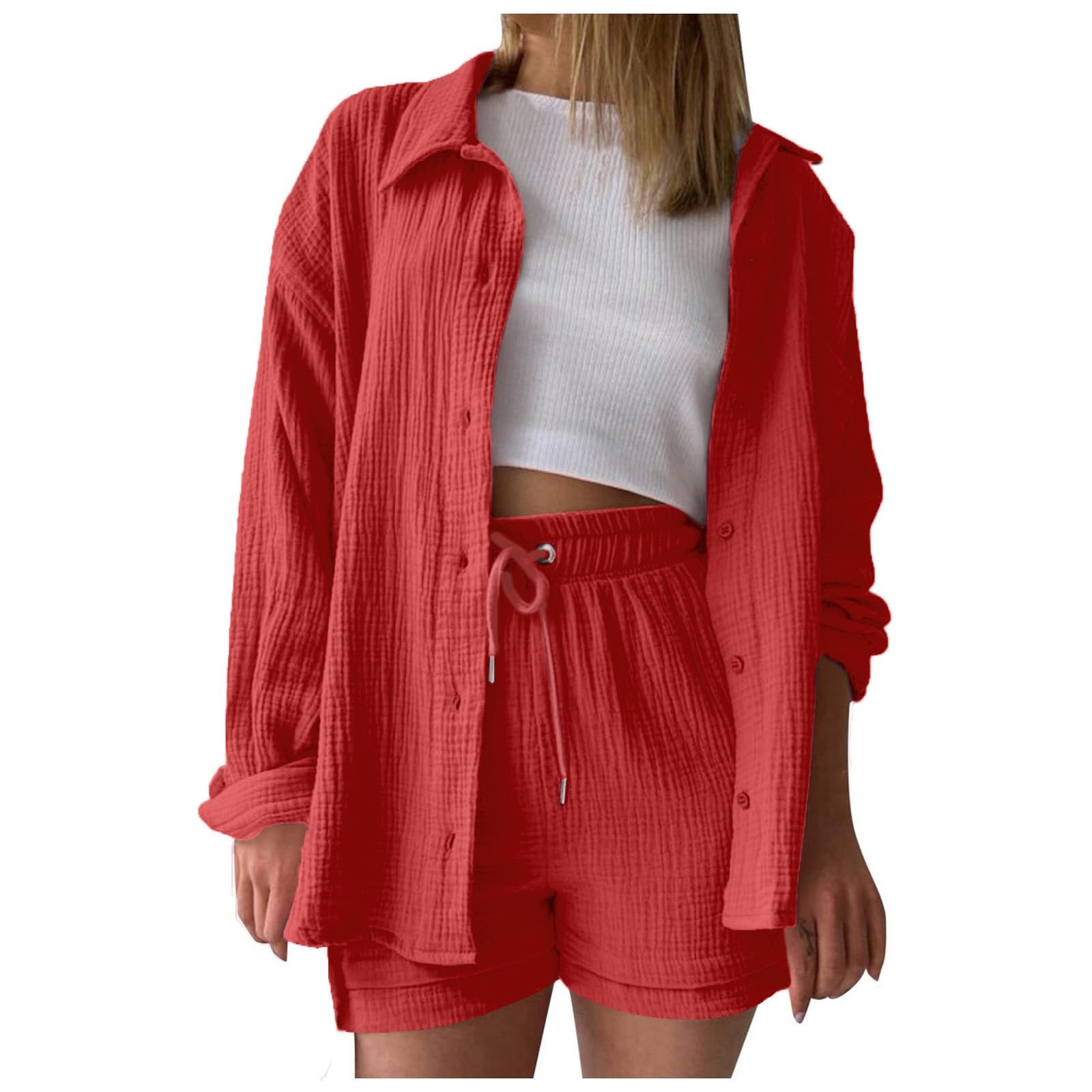 Generisch 2026 Chemisier élégant pour femme - Couleur unie - Plissé - Manches longues - Cordon de serrage haut - Grand ensemble de loisirs tendance