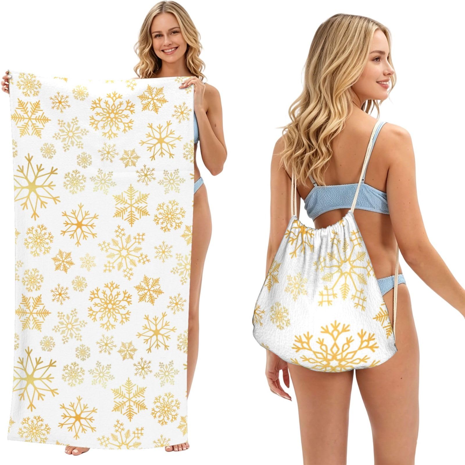 Poadnly As Picture Gold Snowflake Christmas Xmas White, 2 In 1 Packable Towel Bag, Beach Towels With Drawstring Backpack For Travel Holiday Camping