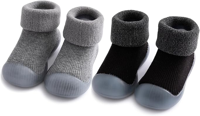 2 Pairs Baby Sock Shoes Toddler Warm Fuzzy Thick First Walking Shoes Baby Boys Girls Slip-on Slippers Soft Rubber Sole Sneakers