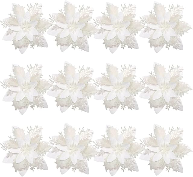 Toyvian Poinsettia Flower Artificial Poinsettia Christmas Decorations Glitter Christmas Tree Flowers Decorations Novetly Artificial Chritstmas Flowers for Xmas Tree Decorations with Clips