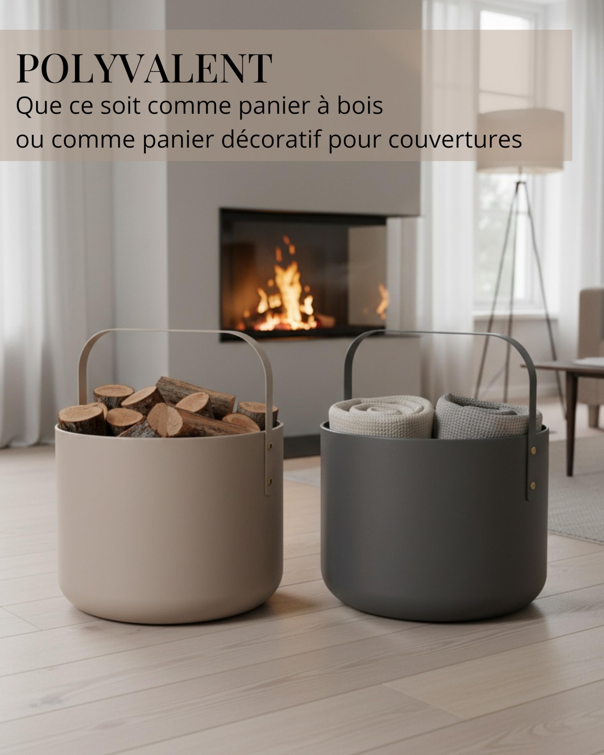LIVLIG Panier à bûches métal design 36 x 44 cm beige mat - Accessoire cheminée rangement