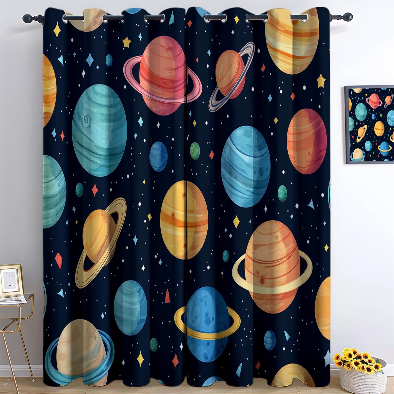 Rideaux Occultants Planète pour le Sommeil des Enfants Rideaux Thermiques Bleus L140xH175cm