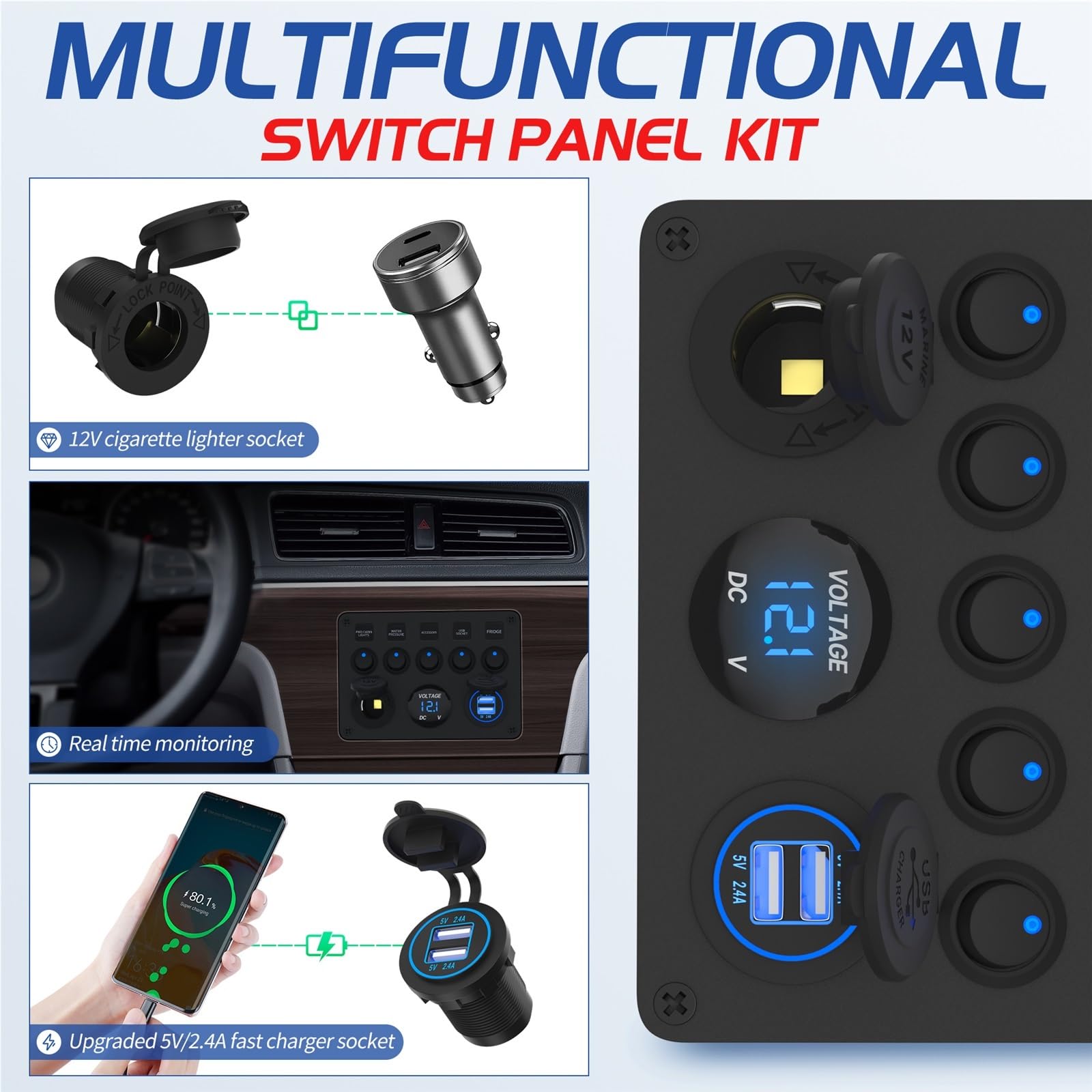 5-punktowy panel przełączników łodzi Wodoodporny panel przełączników samochodowych 2,4 A podwójny port USB 12 V gniazdo Cyfrowy woltomierz Niebieska dioda LED do samochodów