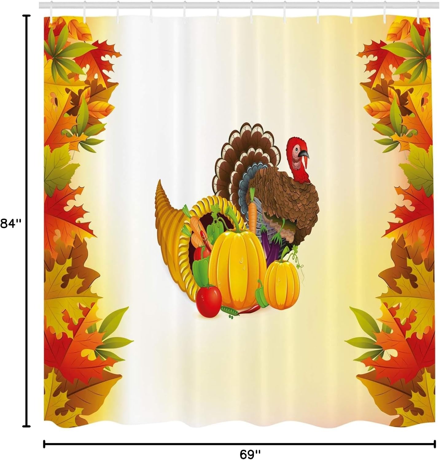 Ambesonne Turkey Shower Curtain, Cornucopia and Animal with a Beak Poultry Pattern Fall Season Fruits Autumn Leaves, Cloth Fabric Bathroom Decor Set with Hooks, 69" W x 84" L, Orange and Brown