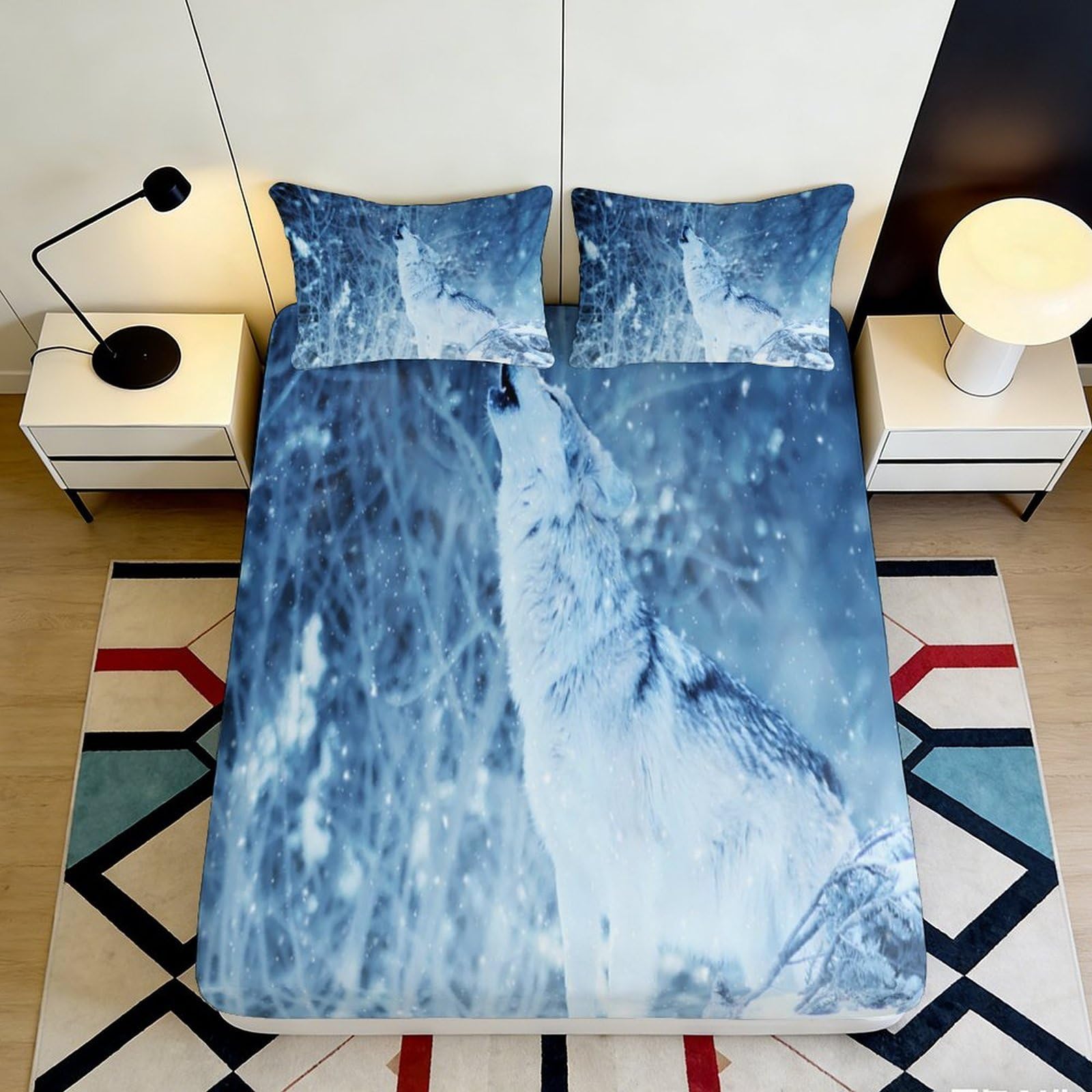 3D Printed Snowy Wolf Fitted Sheet Microfiber Soft Breathable Forest Bed Cover for Bedroom Guest Room Decor 90x200x25cm
