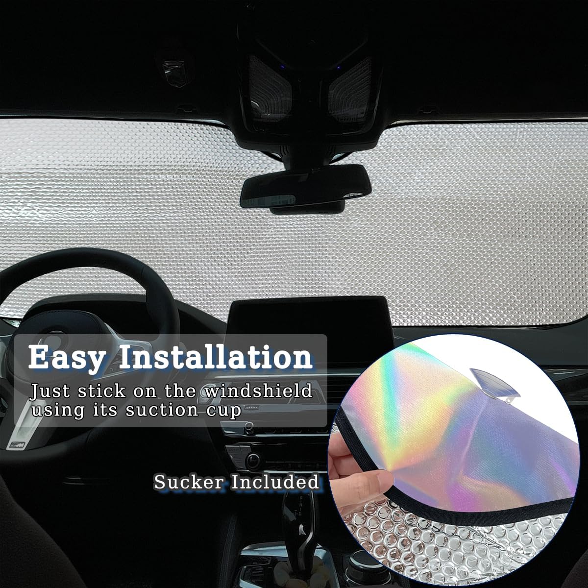 Colorful Iridescent Print Windshield Sun Shade Foldable Car Sun Shade Windshield Block UV Rays Sun Visor Automotive Front Windows Protector Universal Fits Cars Trucks, 55x27.5 in