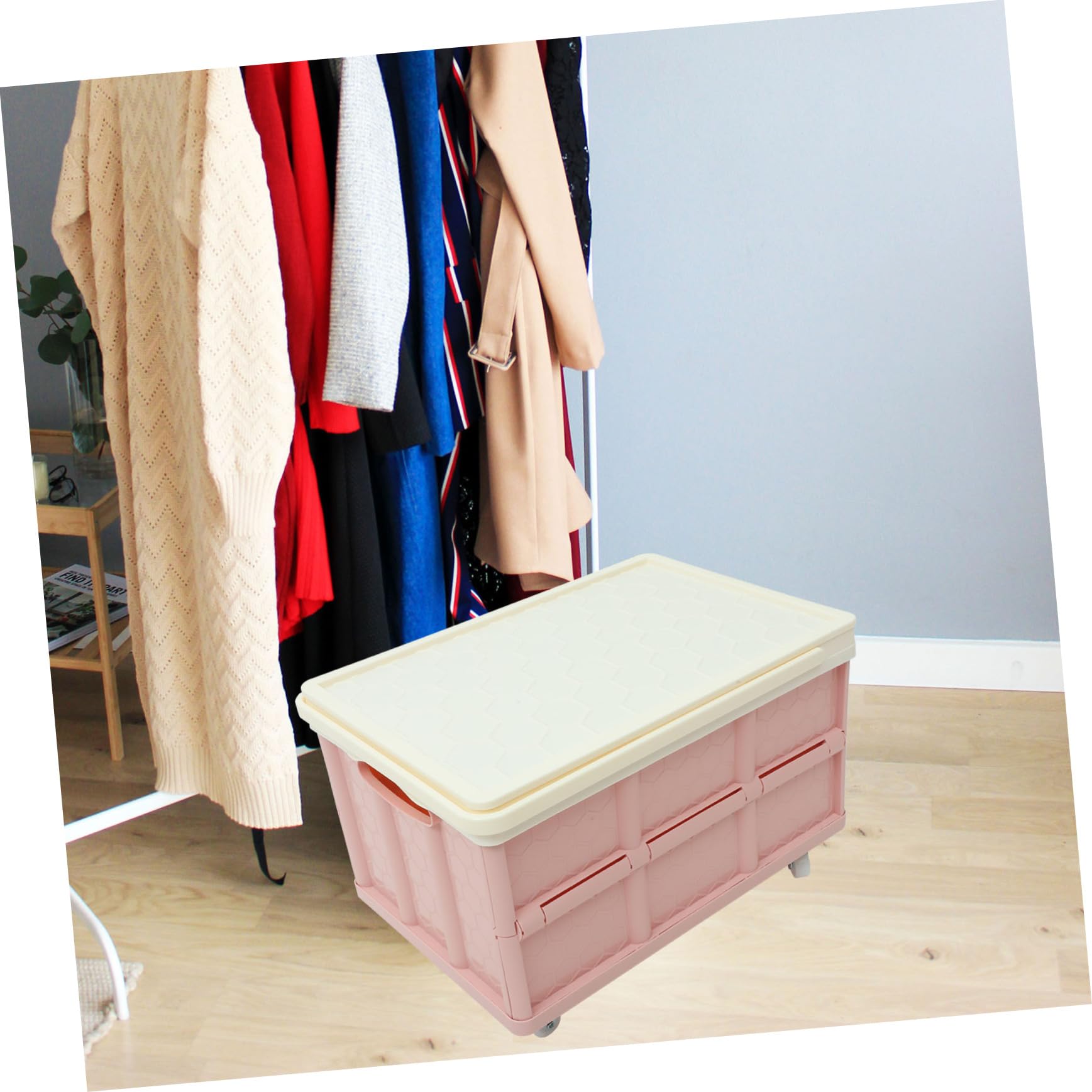 Caja de Almacenamiento con Ruedas Rosa, Plástico, Tapa y Diseño Plegable