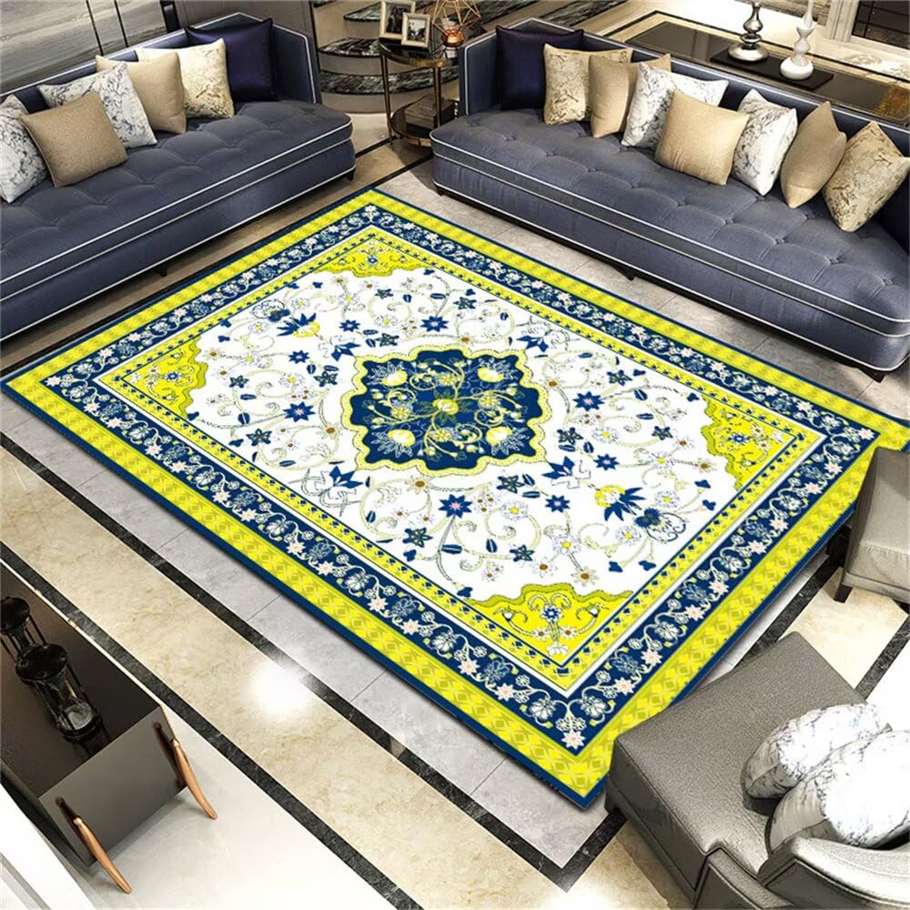 Tapis de chambre design floral bleu 120x180 pour espace gaming et salon moderne