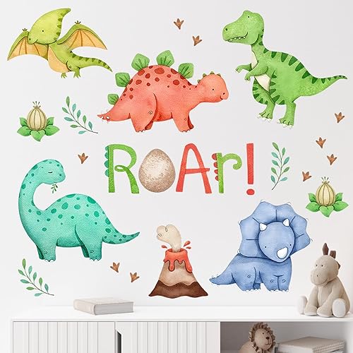 Mfault Calcomanías de pared con diseño de rugido de dinosaurio en acuarela, autoadhesivas, volcán, estegosaurio, decoración de habitación de bebés,