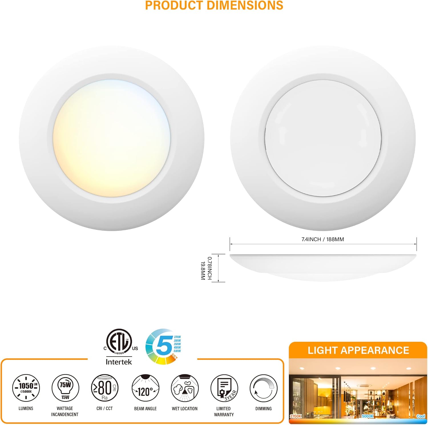 20 Packs 6 Inch 5CCT Field Selectable LED Low Profile Recessed & Surface Mount Disk Light, Round, 15W, 920 Lumens, CRI80, 27K-30K-35K-40K-50K, Driverless, Dimmable, ETL & Wet Rated, White 5 CCT Matte White 20 Packs