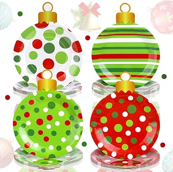 FoldTier 48 Pcs Christmas Paper Plates 9 Inch Dinner Plate Christmas Ball Shape Disposable Plate Holiday Dinnerware Dessert Salad Plates for Xmas Winter Party Supplies Cheerful Colors,Elegant Style