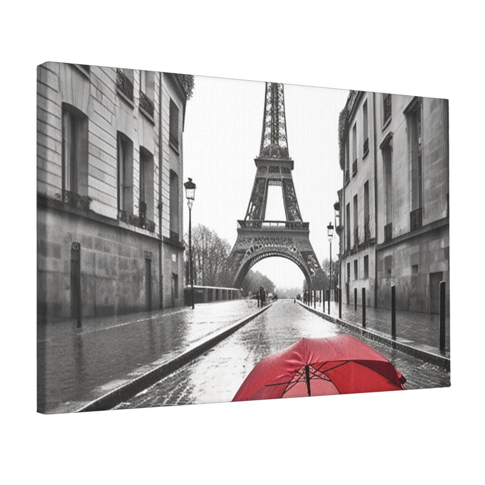 KLOPH Eiffel Tower Paris Street Red Umbrella Canvas Wall Art for Living Room 12"x18" Modern Artwork Painting for Bathroom Hanging Canvas Prints Aesthetic Wallart for Bedroom Kitchen Office Wall Decor