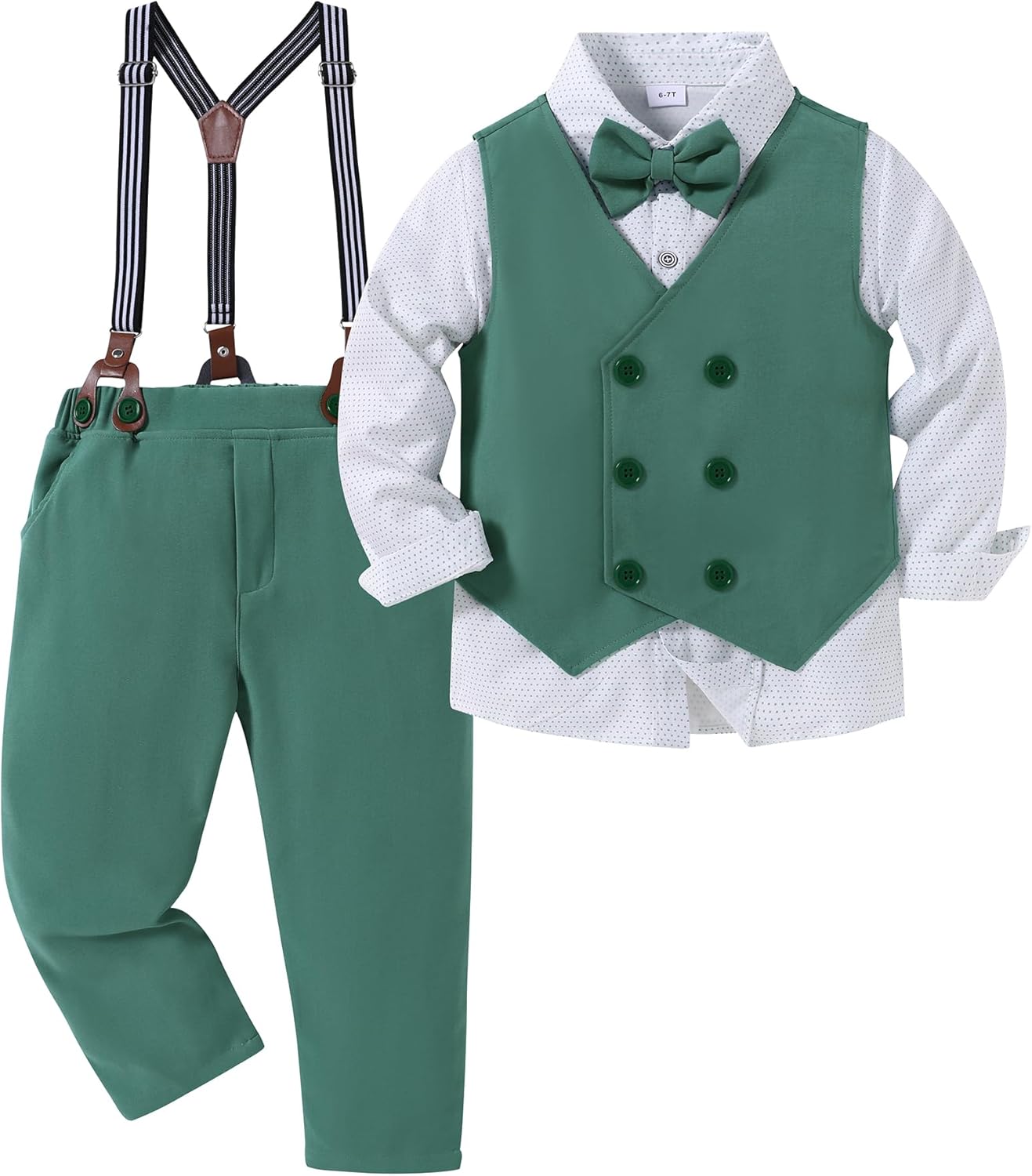 YALLET Boy Clothes Suits, Formal Dress Shirt with Bowtie+Vest+Suspender Pants Big Kid Gentleman Wedding Outfits 6-10 Years