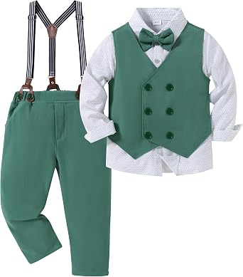 YALLET Boy Clothes Suits, Formal Dress Shirt with Bowtie+Vest+Suspender Pants Big Kid Gentleman Wedding Outfits 6-10 Years