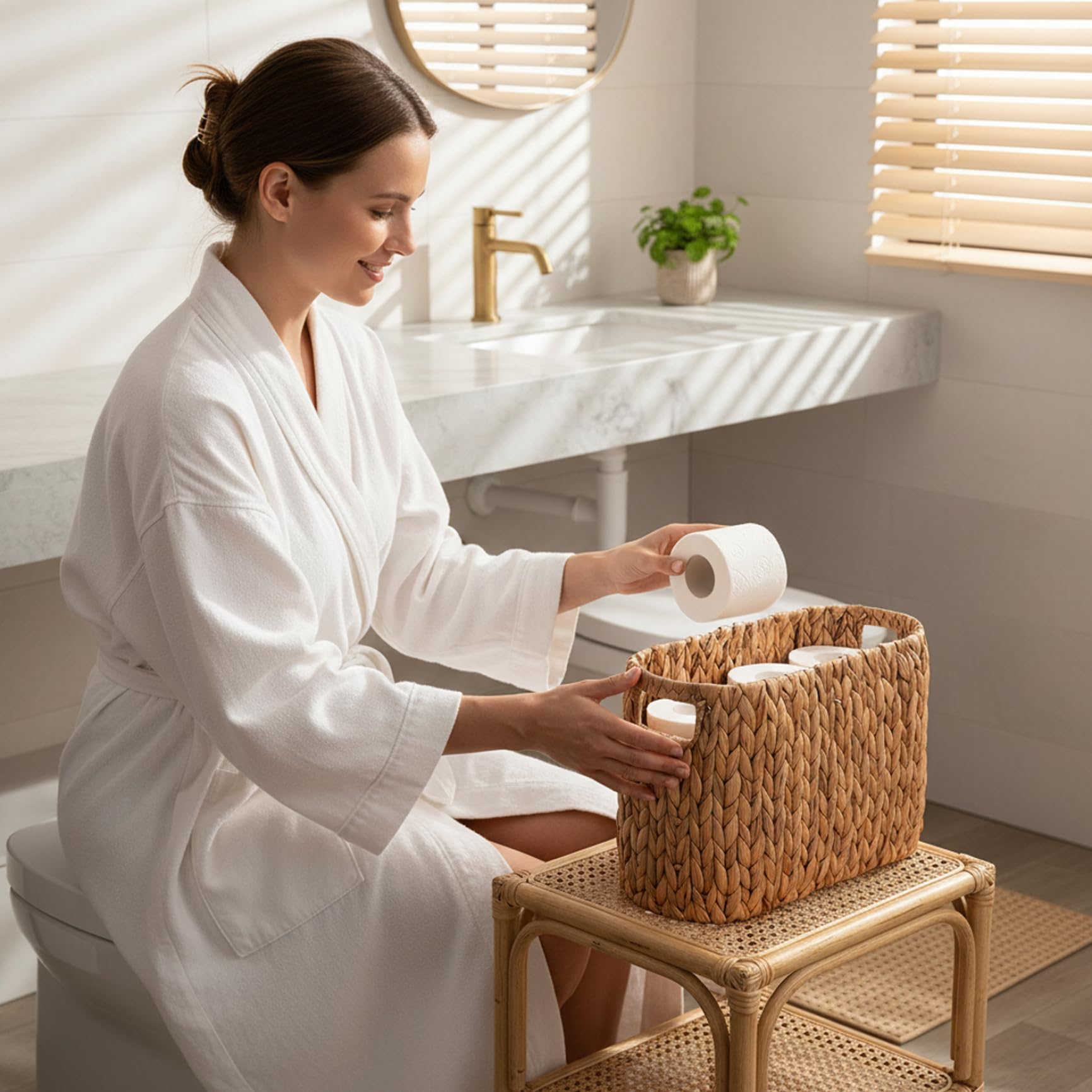 Panier de rangement pour papier toilette, paille naturelle avec poignée, peut contenir 6 rouleaux pour l'organisation de la salle de bain
