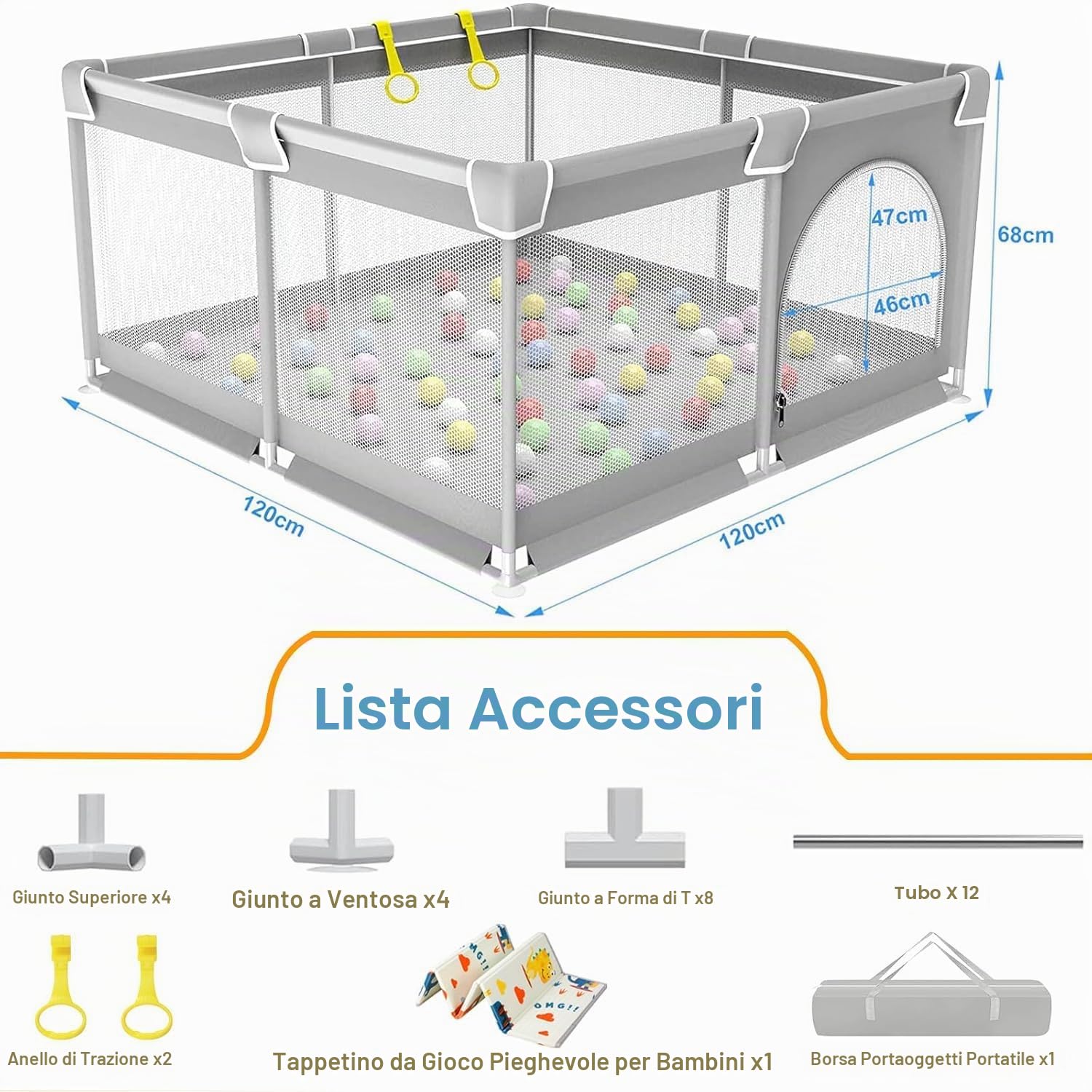 120x120cm Box Bambini con Materassino, Recinto per Bambini, Box Neonato con Tappeto Schiuma, Recinto Neonato con Rete Traspirante Sui Quattro Lati e Ventose