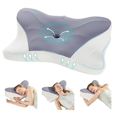 DUMOS Cervical Neck Pillow, Cooling Ergonomic Memory Foam Pillows for Neck Pain Relief with Breathable Pillowcase, Dual Height Orthopedic Support Contour Pillow for Side, Back, Stomach Sleepers, Grey