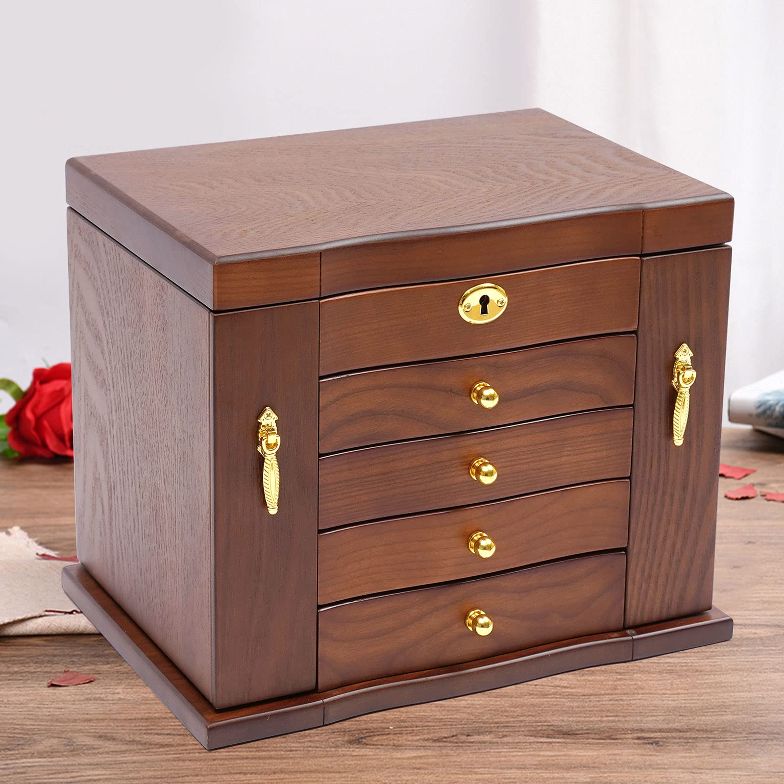 5 Schicht Schmuckkasten Schmuckschatulle Holz Uhrenbox Schmuckkästchen Schmuckkoffer, Schmuck Aufbewahrungsbox Mit Spiegel Und Schloss, Geschenk