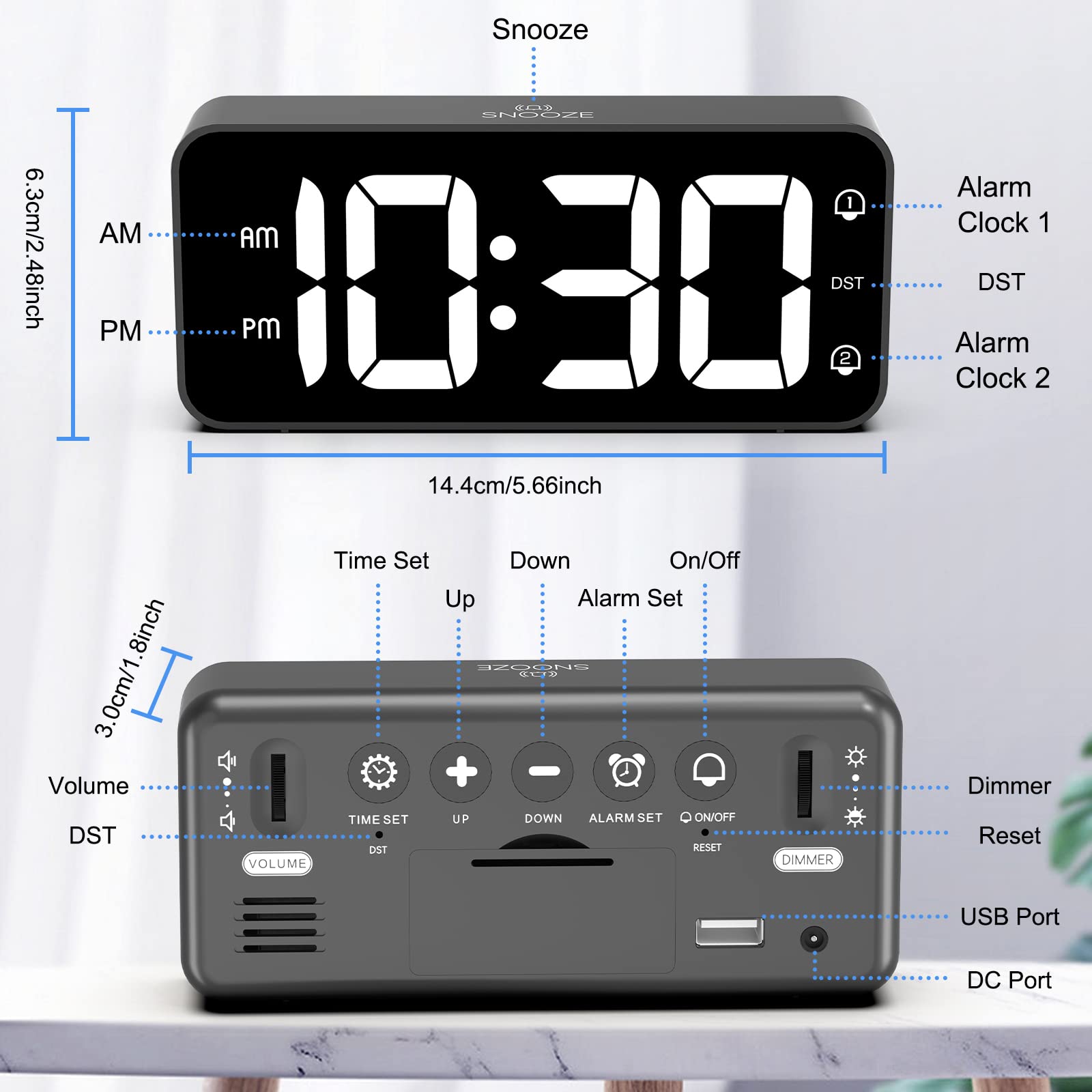 LATEC Sveglia Digitale, Sveglia da Comodino LED con Adattatore, Luminosità e Volume Regolabili, Schermo Grande da 5,8" con 2 Allarme, Snooze, 12/24 Ore per Ufficio Camera da Letto, Nero