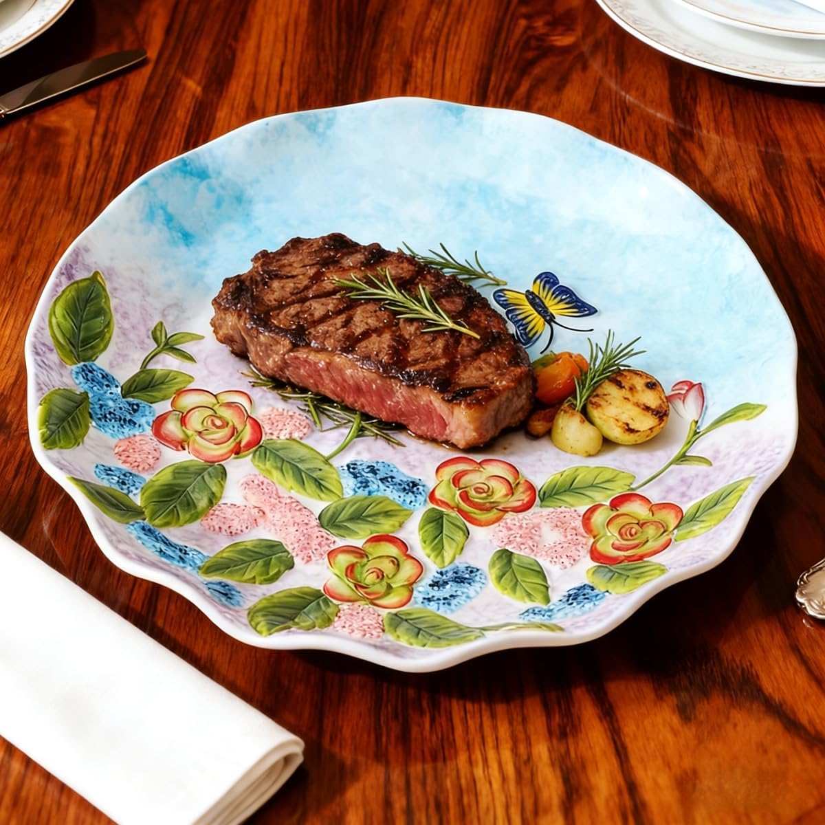 Handmade Relief Painted Ceramic Plates with Lifelike Floral & Butterfly Patterns, Smooth Glossy Decorative Serving Plates for Salads, Snacks, Fruits & Appetizers, Warm Cozy Home Dining Ambiance