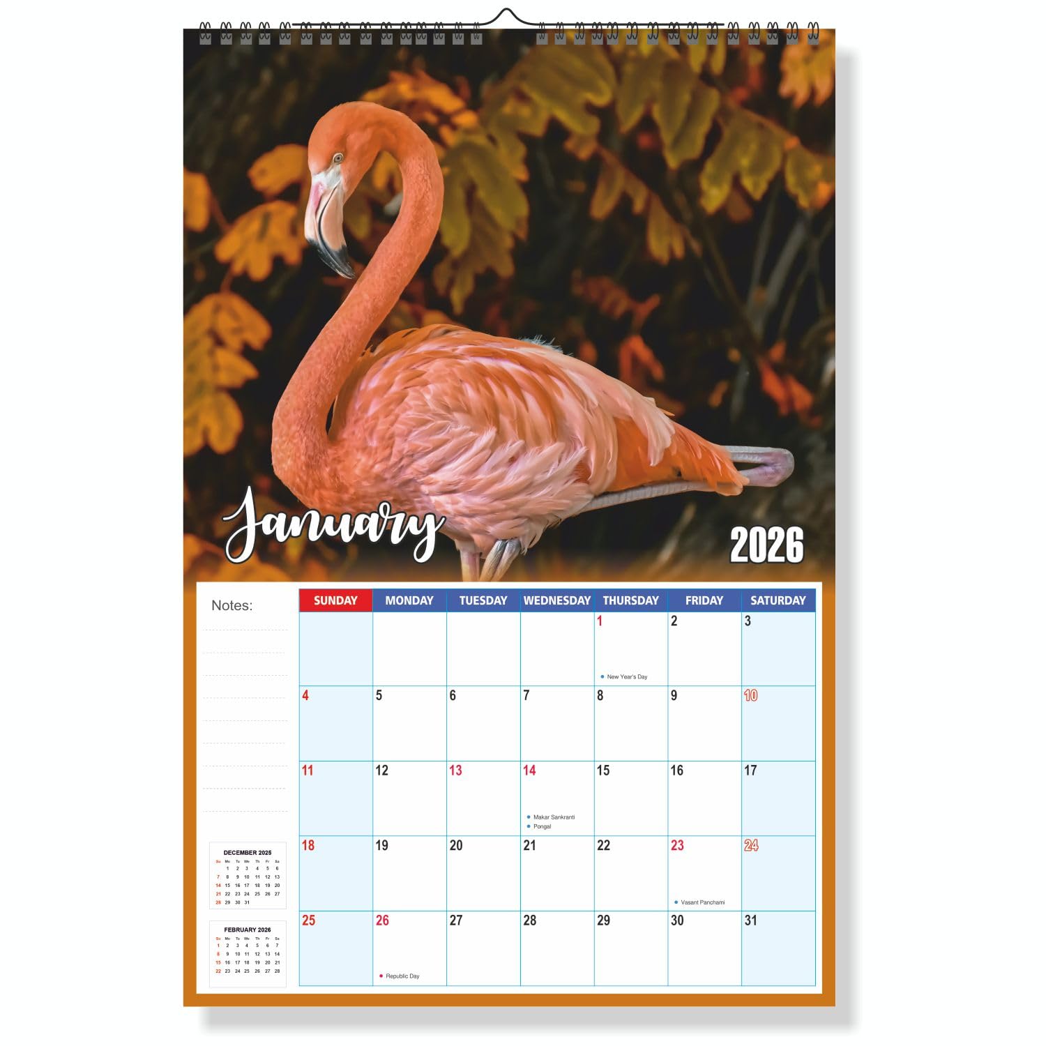 Zoozo Artz 2026 Wall Calendar – Exotic Bird Decor Theme with Flamingo, Crane & Colorful Birds | 12 Sheeter Hanging Monthly Planner | Premium 130 GSM Art Paper, Spiral Binding | Size 12.5 x 18.75 Inches(Z07)-image-16