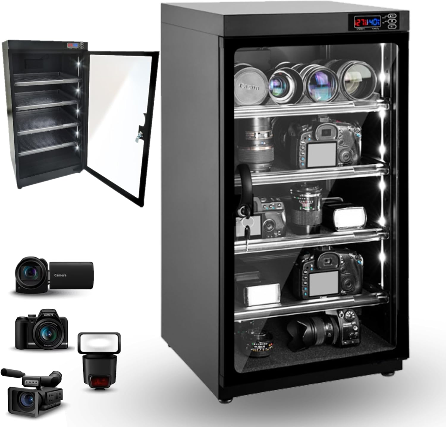 100L Digital Camera Dry Cabinet, 5-Tier, Black, Modern Style, Camera Dehumidify Dry Cabinet, Archival Photo Storage Boxes