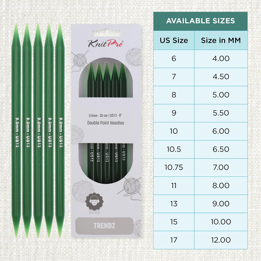 Ferri Da Maglia A Doppia Punta KnitPro Zing 3.5mm 20cm - Verde Brillante Per Lavori Circolari