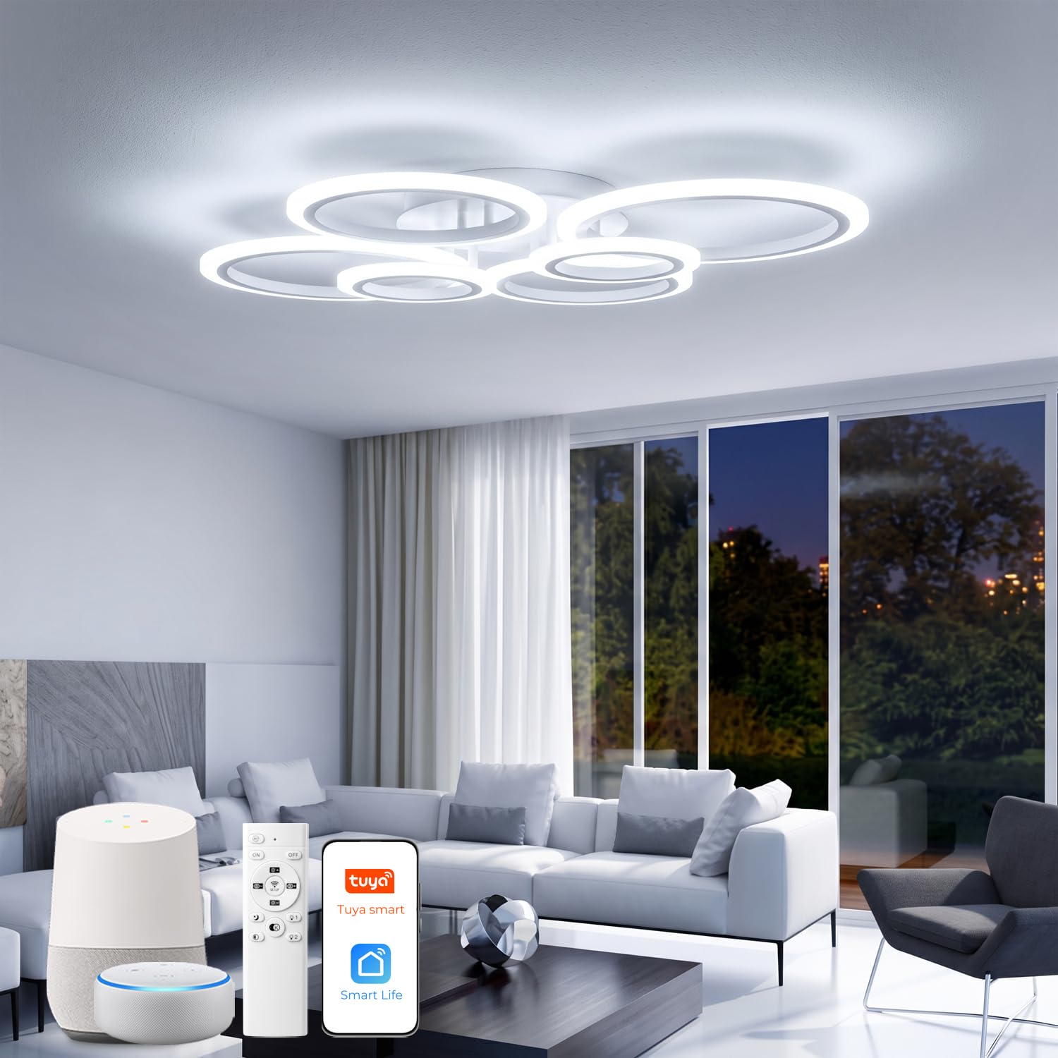 Plafoniera LED Soffitto Moderna Smart WiFi, Lampadario di Design a 6 Anelli 76W, Dimmerabile con App e Telecomando, Compatibile con Alexa e Google Home per Soggiorno Camera da Letto, Bianco