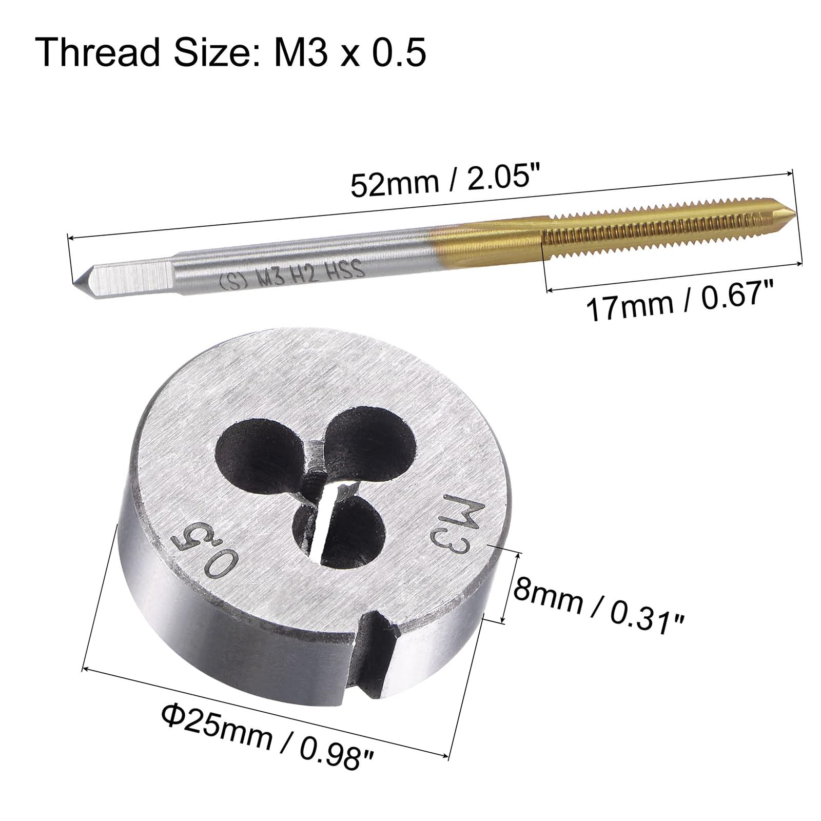 MACHSWON Tap and Die Set Metric M3x0.5,HSS (High Speed Steel) Titanium Plated Machine Straight Flute Thread Screw Tap,Alloy Steel Round Threading Die - Image 2