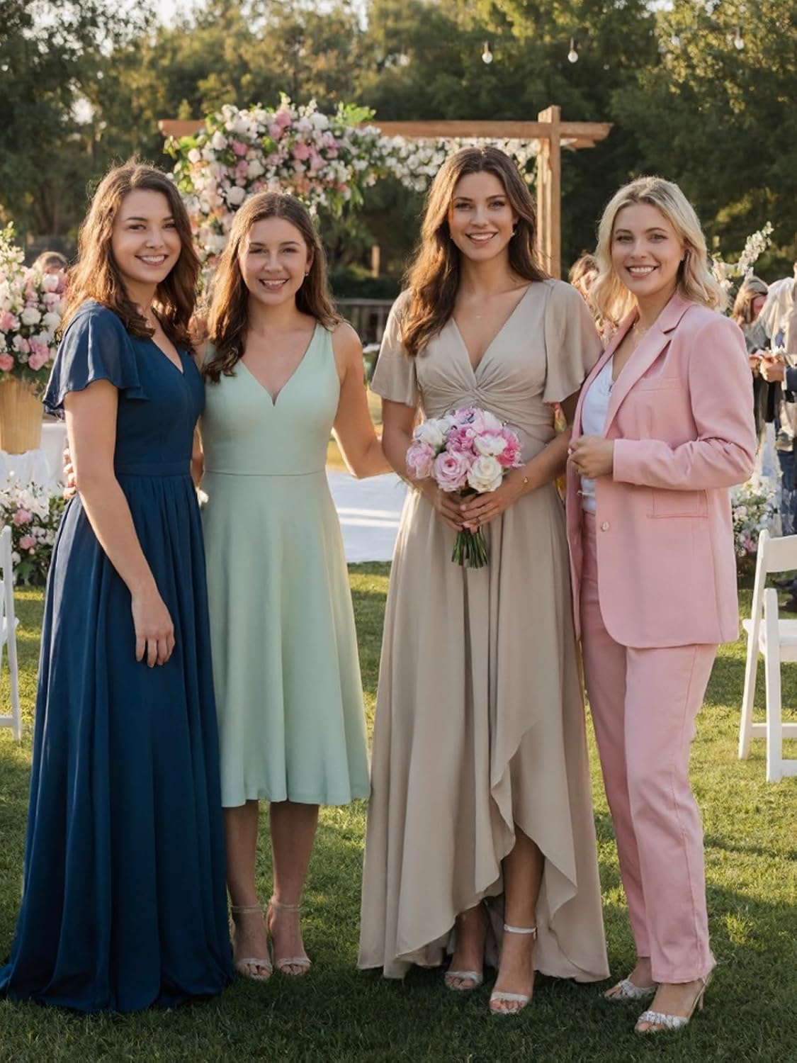 Bridesmaid Dresses for Women Chiffon V Neck Ruffled Short Sleeve Formal Gown for Wedding Guest