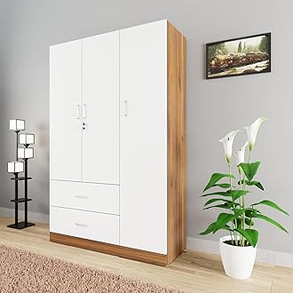 VIKI Wardrobe | Wooden Almirah for Clothes,Door for Bedroom, 3 Door Wardrobe with Drawer & Hanging Space (Walnut & White - 40D x 120W x 180H) | 1 Year Warranty | Free Assembly
