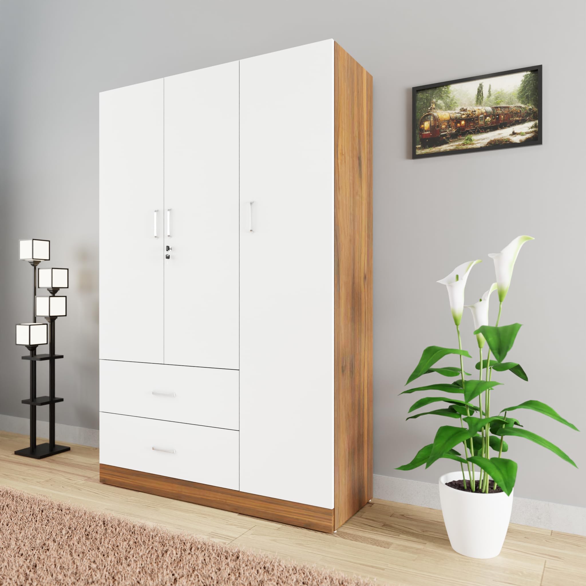 VIKI Wardrobe | Wooden Almirah for Clothes,Door for Bedroom, 3 Door Wardrobe with Drawer & Hanging Space (Walnut & White - 40D x 120W x 180H) | 1 Year Warranty | Free Assembly