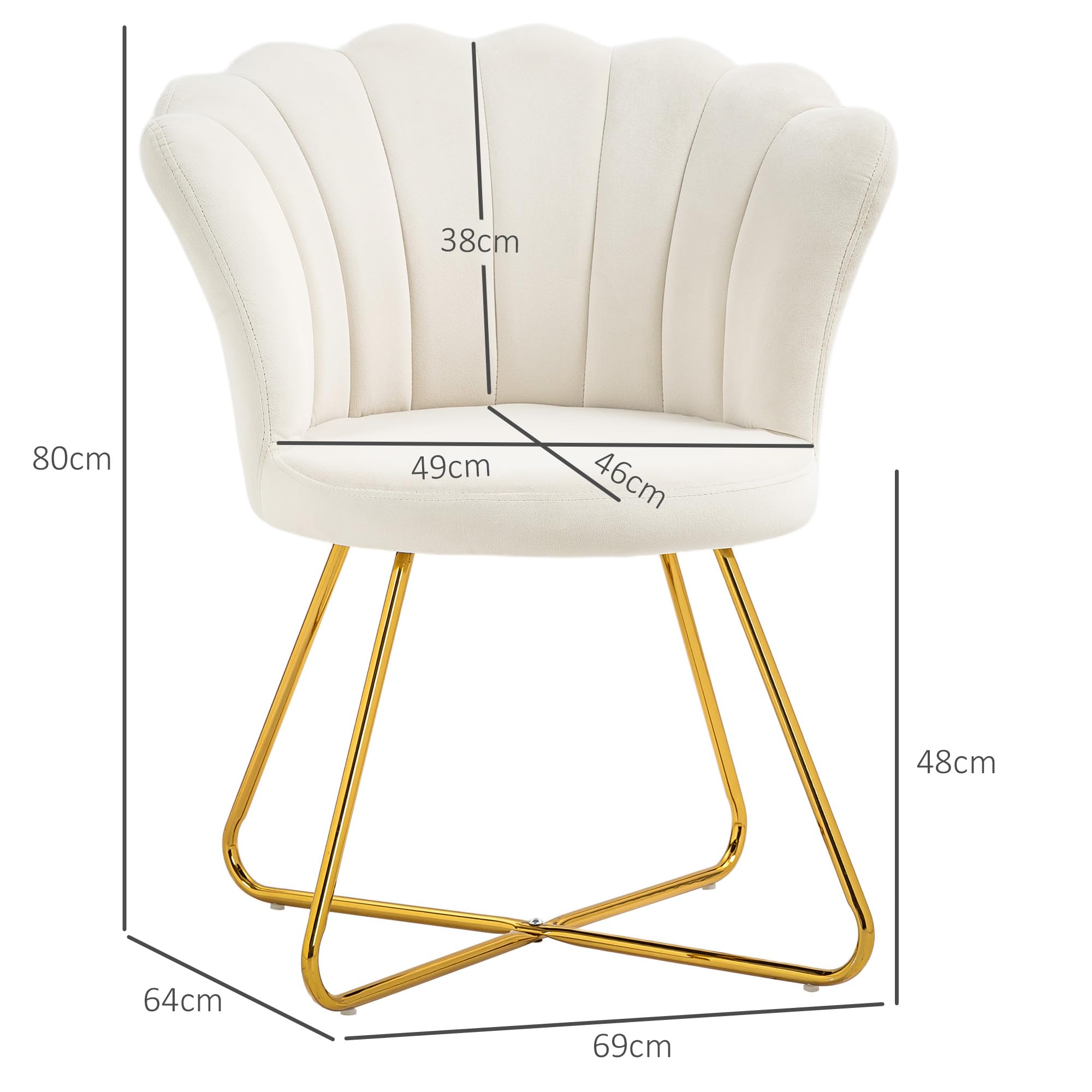 HOMCOM Chaise de Coquillage, Coiffeuse, Chaise en Velours, Chaise de Salon avec Pieds en Acier, pour Salon, Chambre à Coucher, 69 x 64 x 80 cm, crème