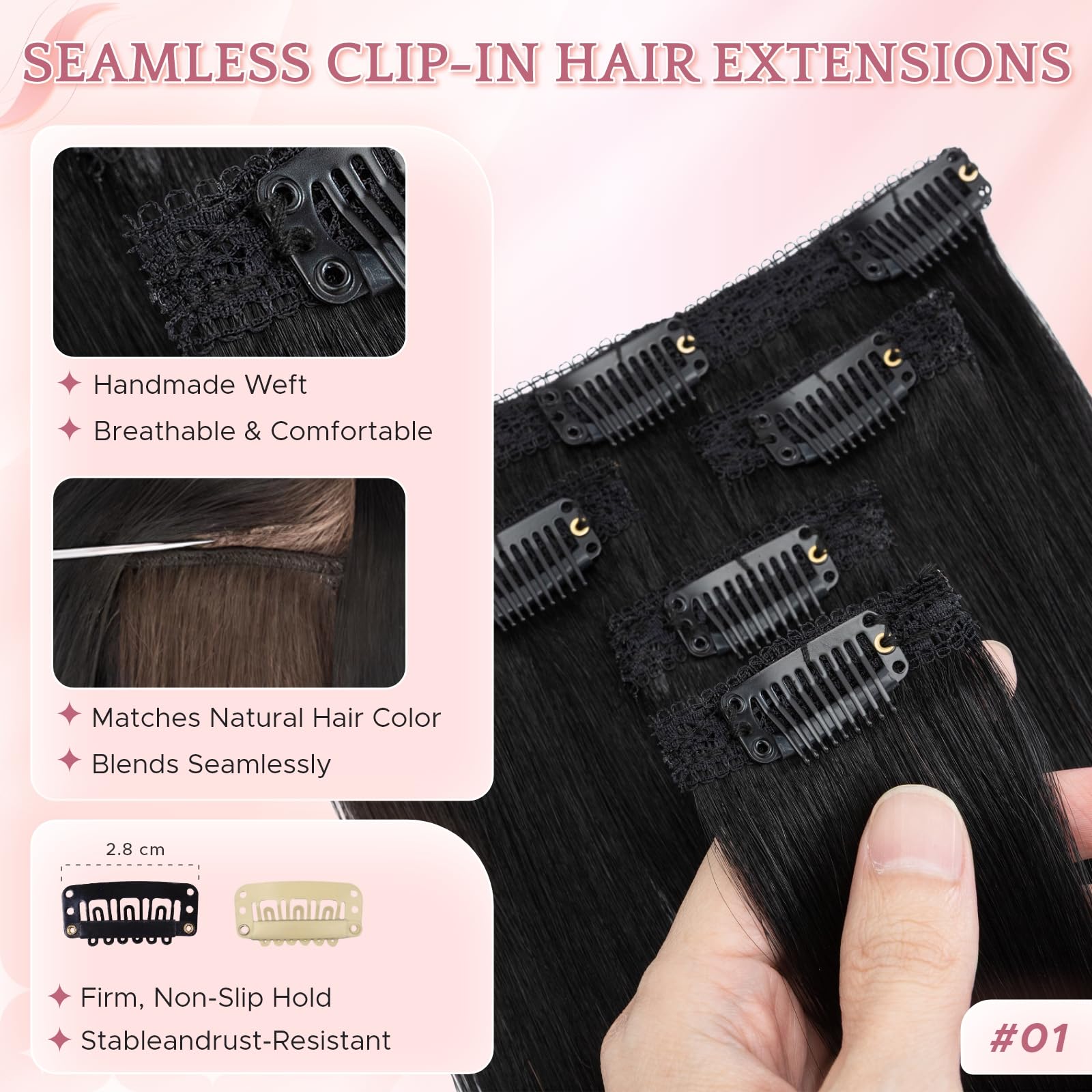 SEGOHAIR Clip in Extensions Echthaar, Glatt Clip Hair Highlights Haarverlängerung Natürlich für Frauen Damen 5-teiliges Set (1 großes Teil + 4 einzelne Clips)#01 Schwarz 50cm 52g