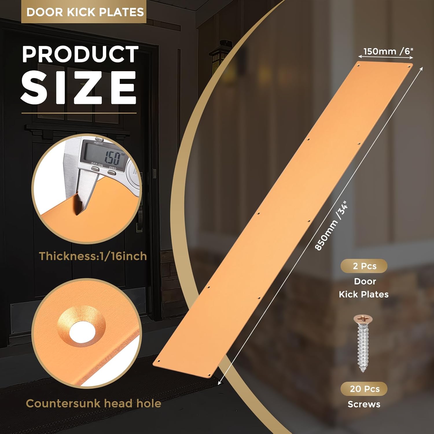 uxcell 1 pcs Door Kick Plate, 6 x 34 Inches Anodized Aluminum Kick Plate Door Plate, 1.5mm (1/16 Inch) Thickness, for Exterior Front Door or Back Door, Gold