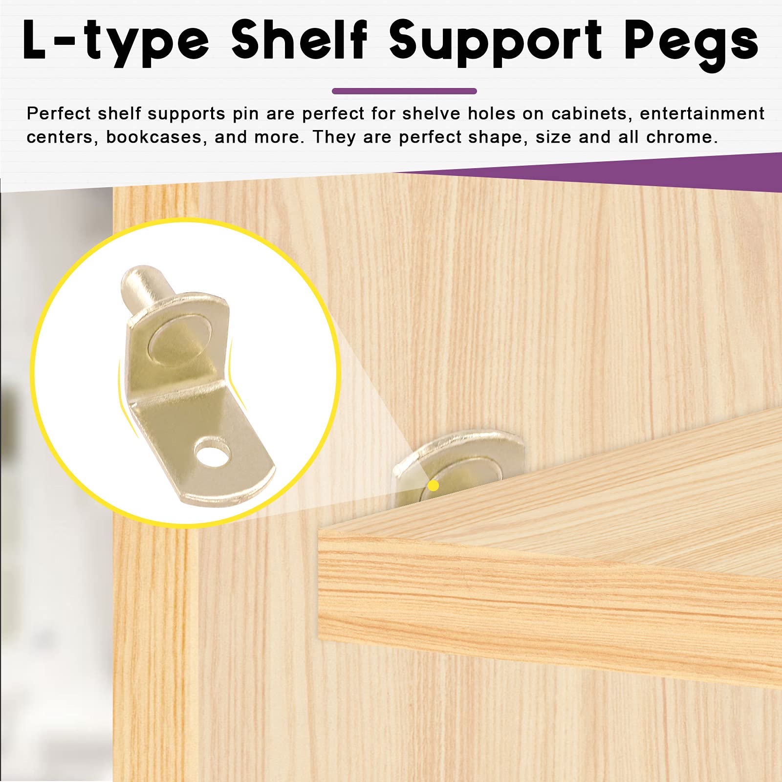Swpeet 60 Pcs L-Shelf Pins, 6mm Gold Support Pegs with Hole, Plated Steel Shelf Holder Pins Bracket Cabinet Clips Holder for Shelf Holes on Bookcase, Cabinets and Entertainment Centers — Amazon image 4