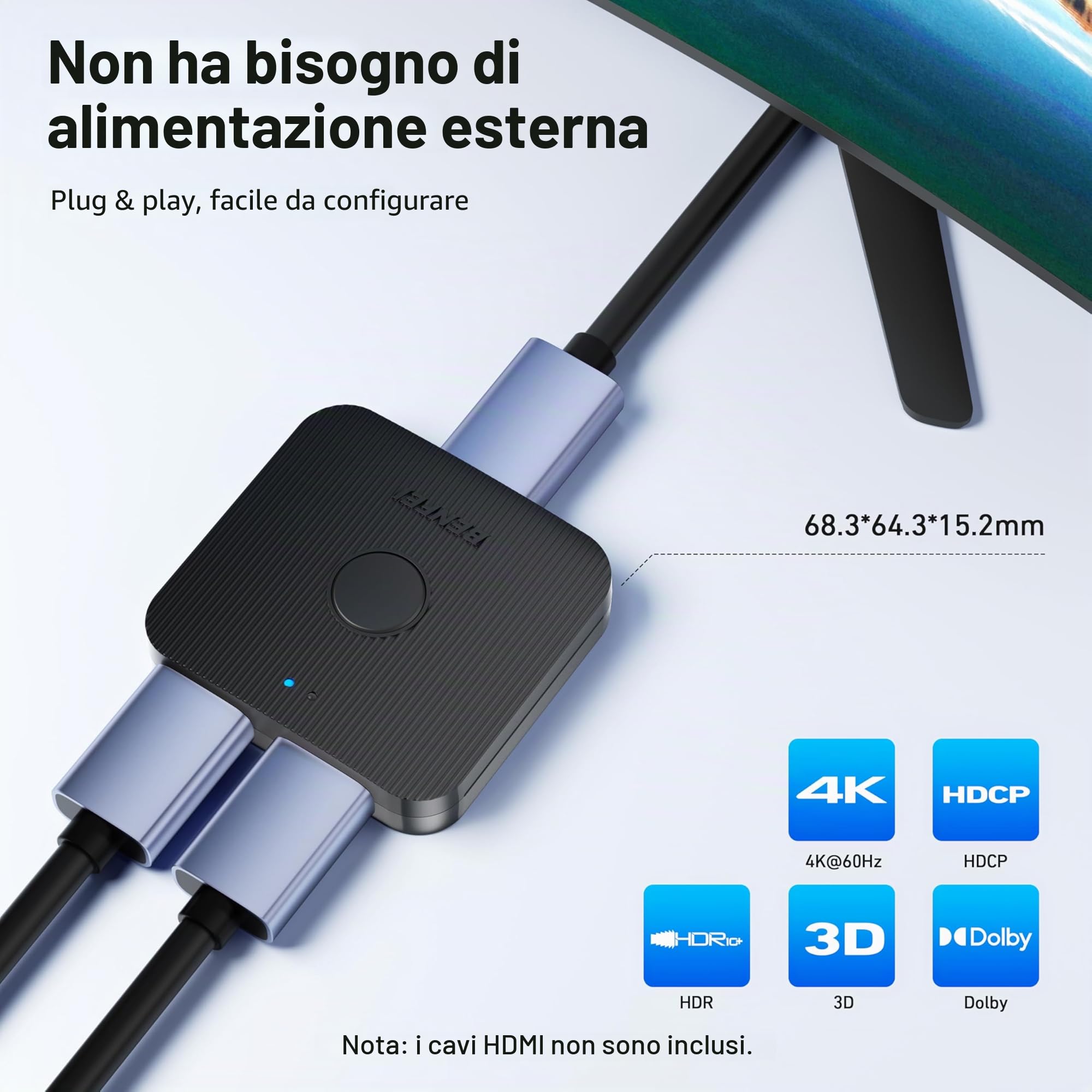 BENFEI Commutatore HDMI 4K, 2 Ingressi 1 Uscita, Supporta 4K 3D HD 1080P per Firestick Xbox PS4 Roku HDTV