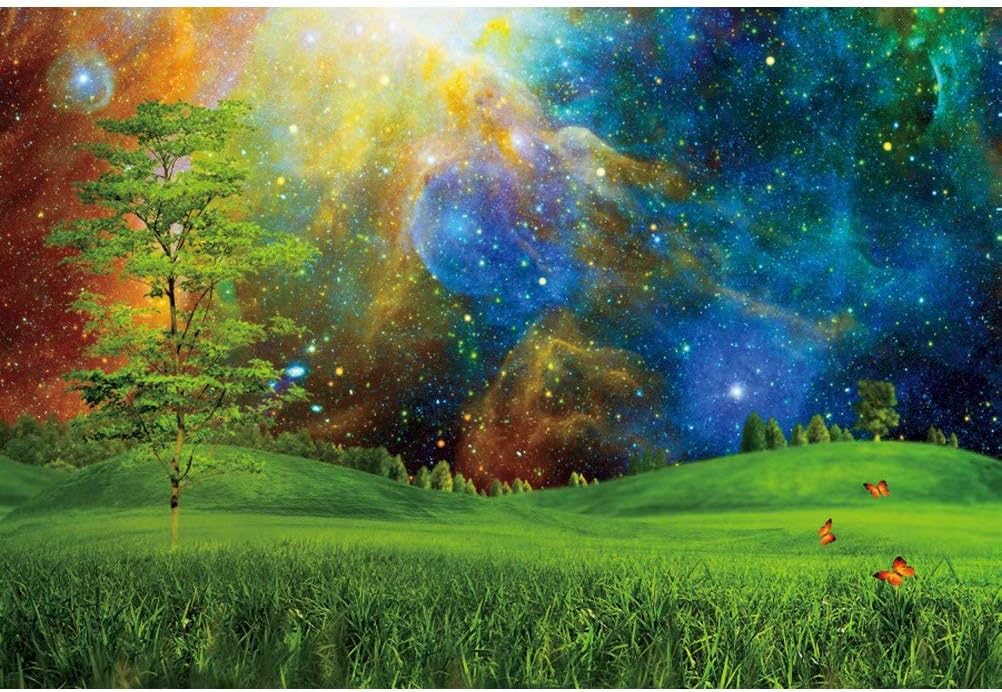 Enchanted Forest Backdrop 5x3ft - Galaxy Starry Sky With Green Meadow Photo Background