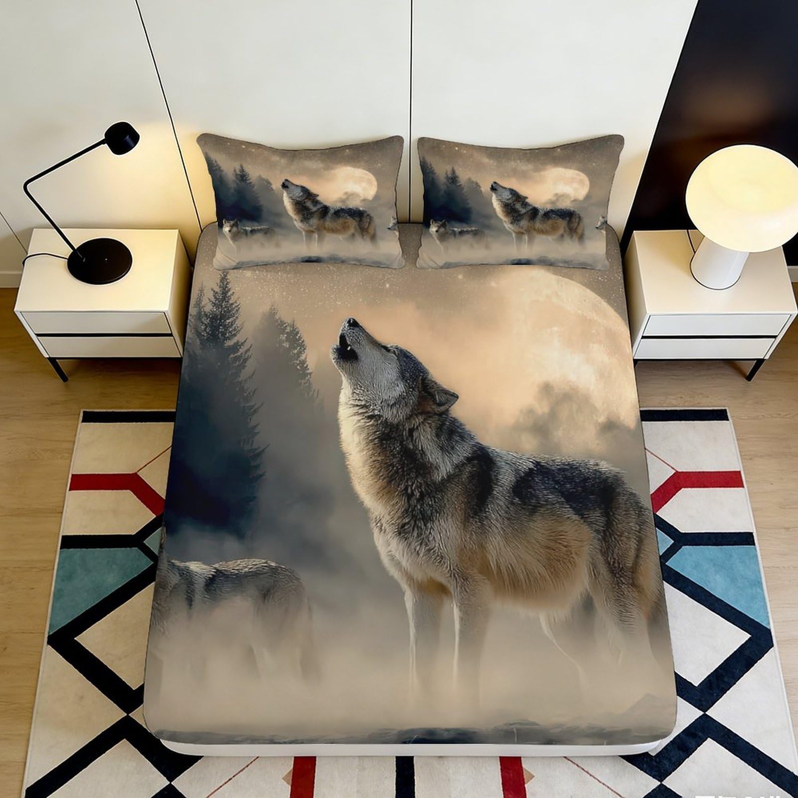 3D Printed Wolf Howling Moon Fitted Sheet Microfiber Soft Grey Forest Mattress Cover Bedroom Decor Anti-Slip Easy Care 120x200x25cm
