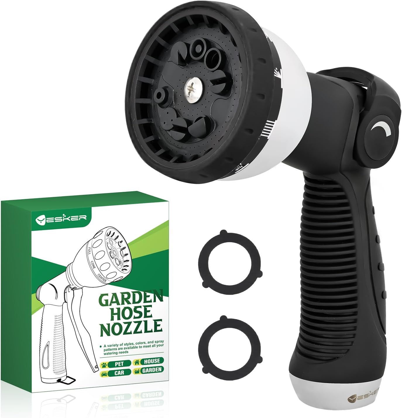 Yesker Garden Hose Nozzle Water Hose Sprayer Nozzle Adjustable 10 Spray Patterns Heavy Duty Metal Nozzles Thumb Control w Non-Slip Grip for Outdoor Watering Plants Lawn Washing Car Pets, Black