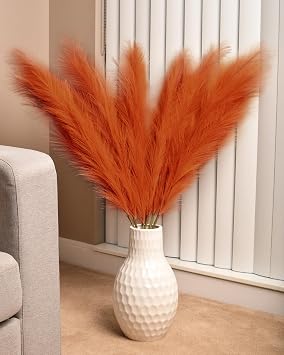 MAXROCK 43 Inch Fluffy Fake Faux Pampas Grass Large Stems 3 Pcs for Tall Vase Filler, Boho Home Kitchen Wedding Room DecorOrange