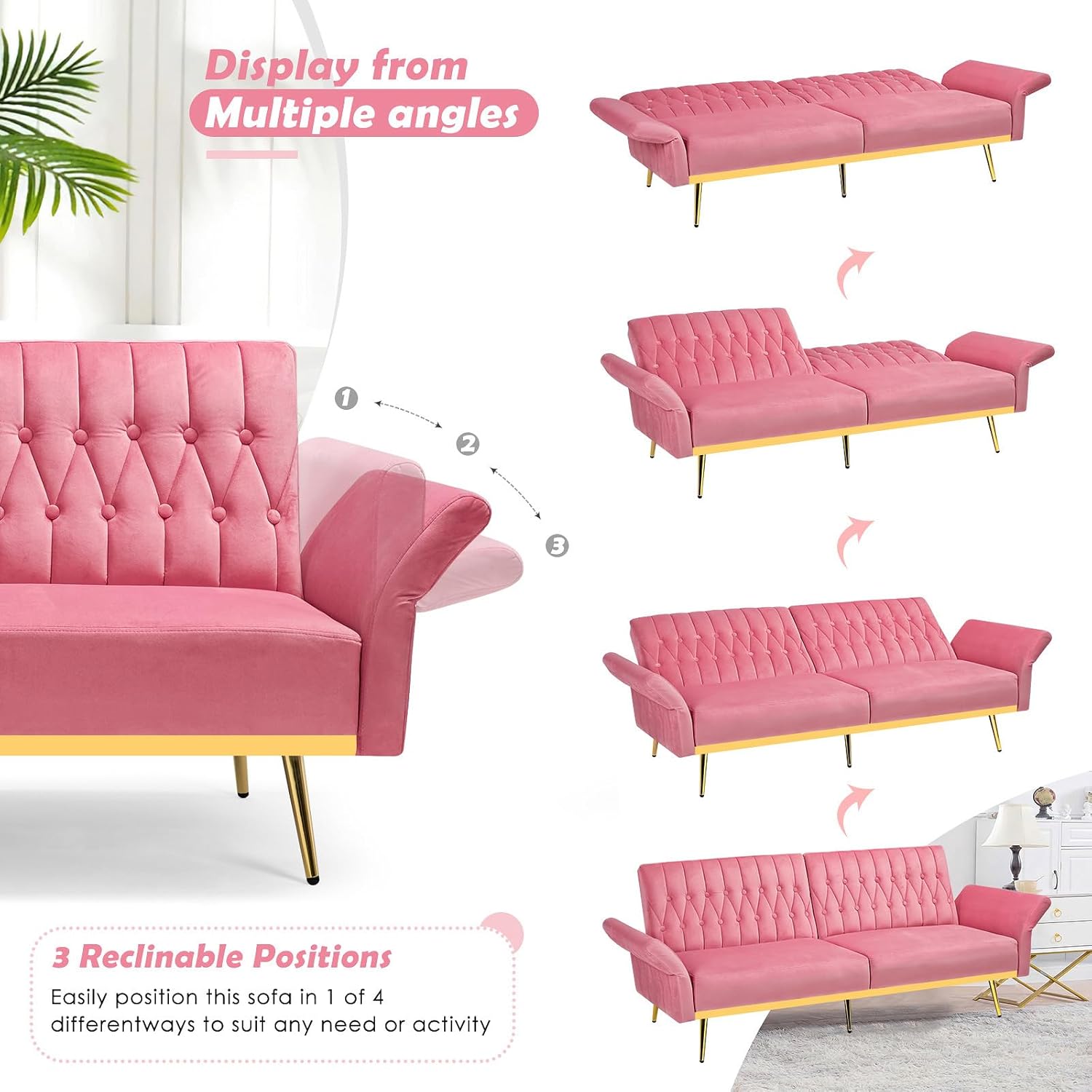 2 Pieces Tufted Velvet Sofa Set w/Adjustable Backrests & Armrests, Sofa Bed & Recliner Chair W/Pillows, Convertible Living Room Sets W/Golden Legs for Apartment, Office, Pink