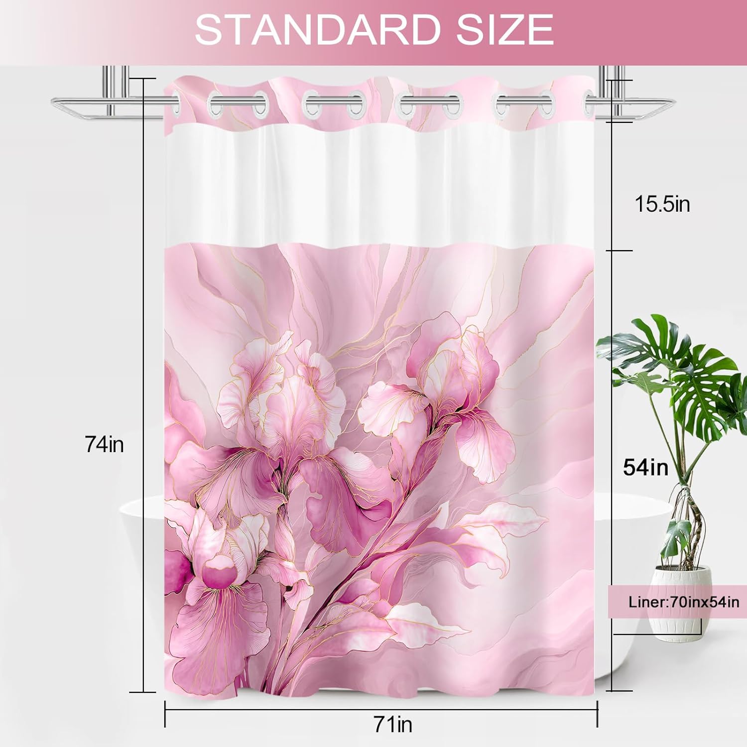 No Hook Floral Shower Curtain with Snap in Fabric Liner Set, Spring Iris Design, Elegant Abstract Marble Flower Ringless Hotel Style for Bathroom Decor, Pink 71x74 Inches
