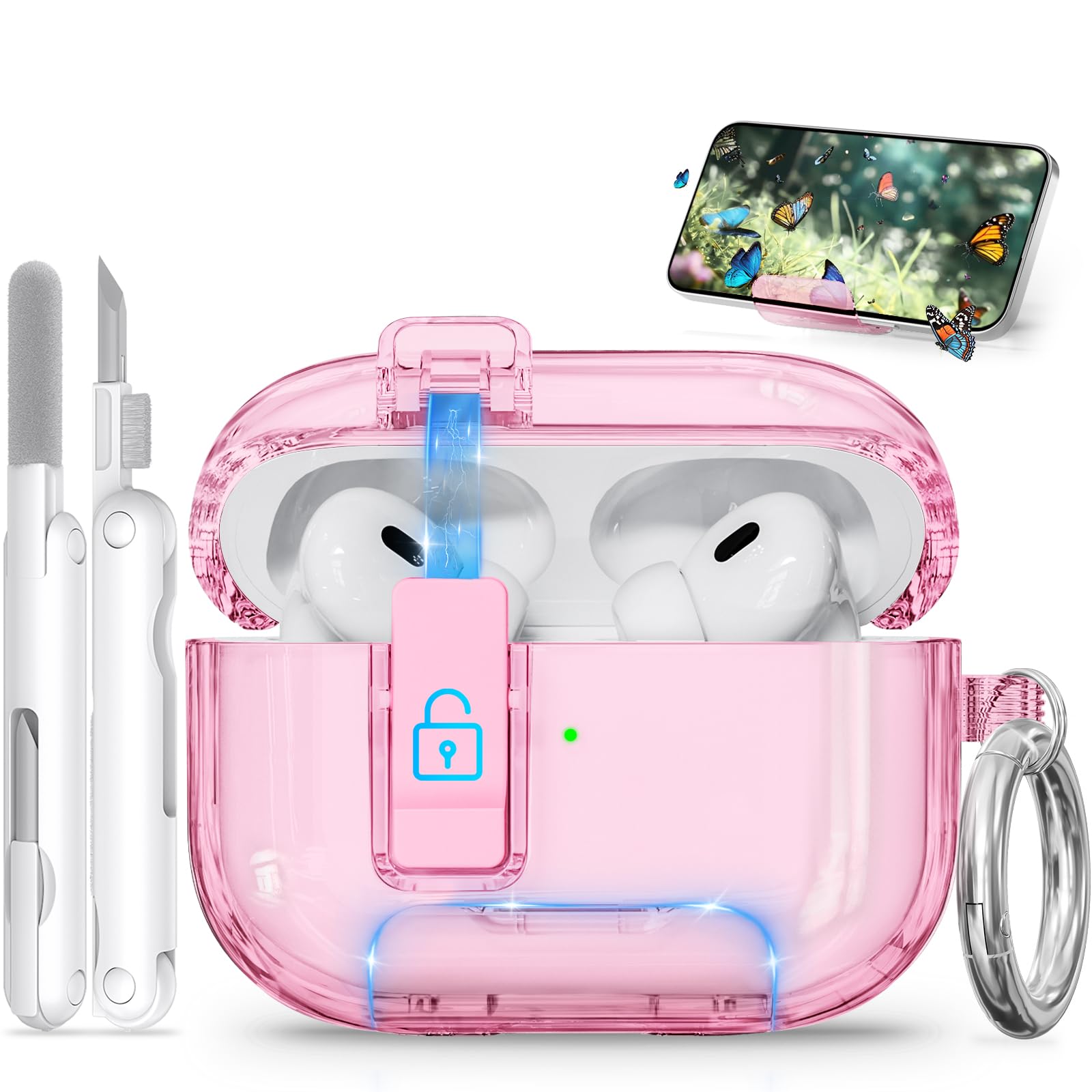 Ekoonpft for AirPods Pro 2 Case with Phone Stand &amp; Secure Lock, Auto-Open Clear Cover Compatible with Apple AirPods Pro 2nd/1st Gen (2023,2022,2019) with Cleaning Kit &amp; Keychain (Clear Pink)